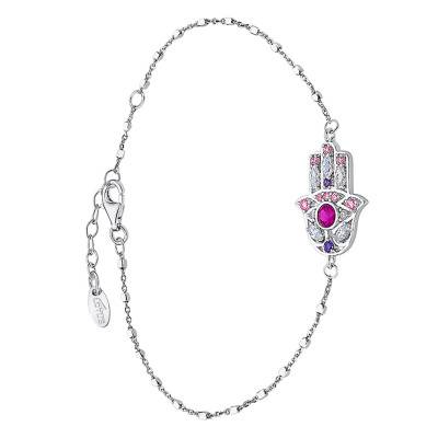 925 Silver Lotus Silver Hamsa Hand Bracelet & Multicolor Stones, Length 16 cm to 18.5 cm - LP1989-2/1 - Lotus