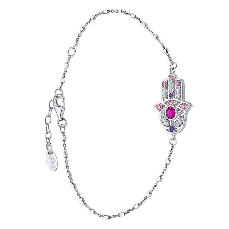 925 Silver Lotus Silver Hamsa Hand Bracelet & Multicolor Stones, Length 16 cm to 18.5 cm - LP1989-2/1 - Lotus