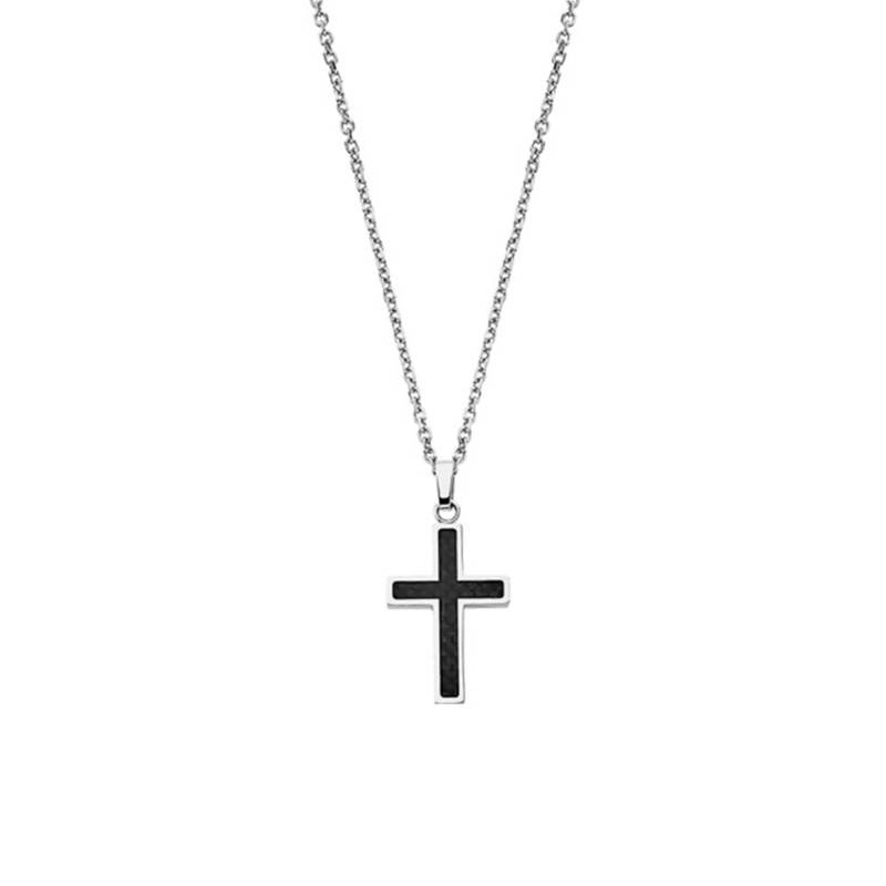 Steel Men in Black Cross Necklace, Length 49.7 cm - LS1983-1/1 - Lotus