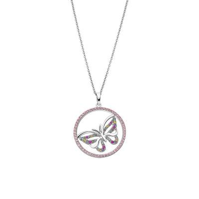 925 Silver Lotus Silver Butterfly Necklace & Multicolor Stones, Length 42 cm to 45 cm - LP3075-1/2 - Lotus