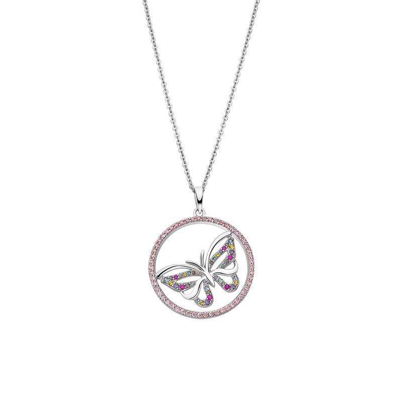 925 Silver Lotus Silver Butterfly Necklace & Multicolor Stones, Length 42 cm to 45 cm - LP3075-1/2 - Lotus