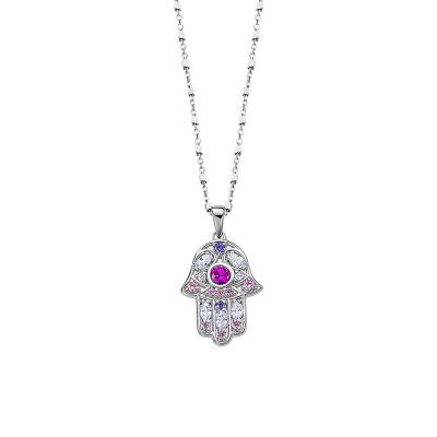 925 Silver Lotus Silver Hamsa Hand Necklace & Multicolor Stones, Length 42 cm to 45 cm - LP1989-1/1 - Lotus