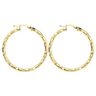 Créoles Creuses Ciselées Carrées, Or Jaune 750, Diamètre 34 mm ou 44 mm - Lumiosa