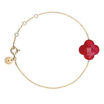 Bracelet Or Jaune 750 Trèfle Quartz Rouge, Longueur 17 cm Ajustable - Morganne Bello