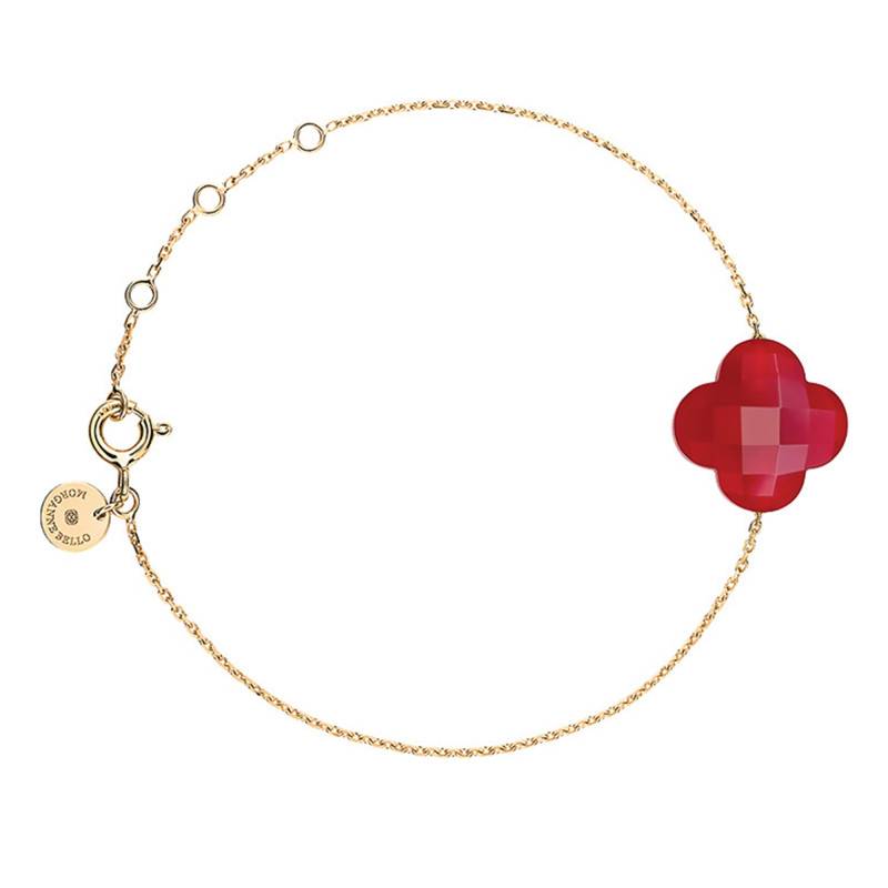 Yellow 750/1000 Gold & Red Quartz Clover Bracelet, Adjustable Length 17 cm - Morganne Bello