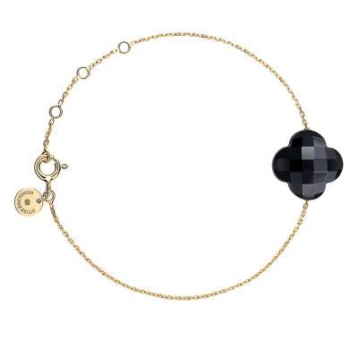 750/1000 Yellow Gold & Onyx Clover Bracelet, Adjustable Length 17 cm - Morganne Bello