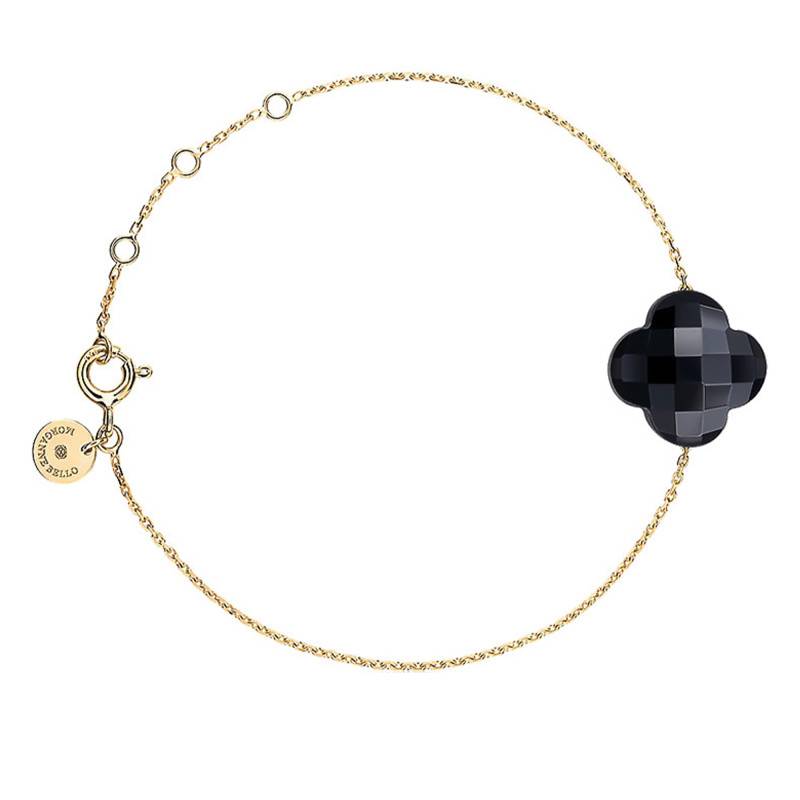 750/1000 Yellow Gold & Onyx Clover Bracelet, Adjustable Length 17 cm - Morganne Bello