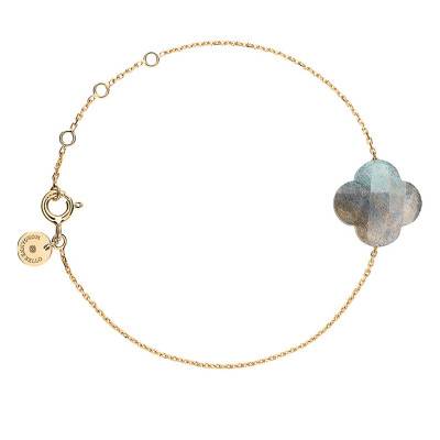 Yellow 750/1000 Gold & Labradorite Clover Bracelet, Adjustable Length 17 cm - Morganne Bello