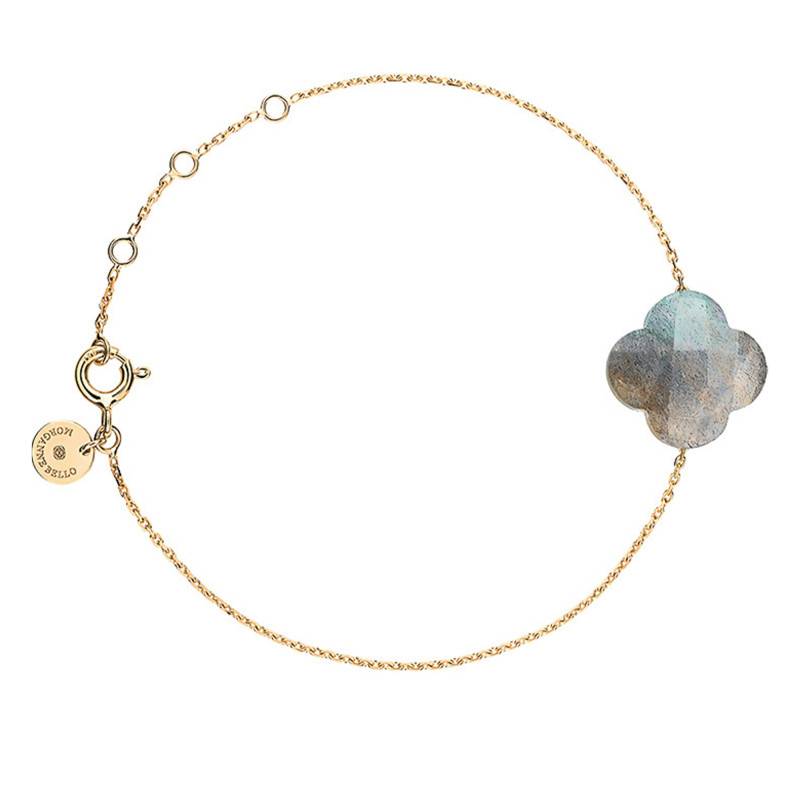 Yellow 750/1000 Gold & Labradorite Clover Bracelet, Adjustable Length 17 cm - Morganne Bello