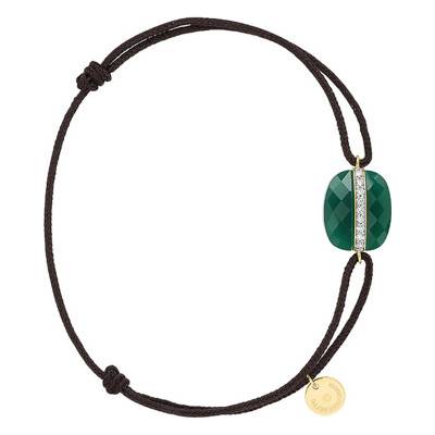 Bracelet Aurore Cordon Chocolat Agate Verte Coussin & Diamants, Or Jaune 750 - Morganne Bello