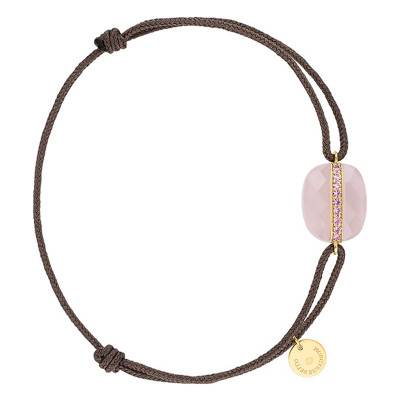 Bracelet Aurore Cordon Taupe Quartz Rose Milky Coussin Saphirs Roses, Or Jaune 750 - Morganne Bello