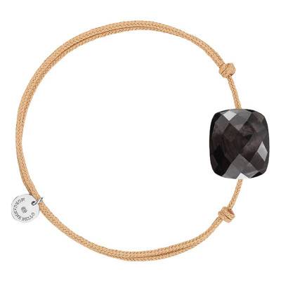 Bracelet Cordon Beige Dore, Coussin Oversize Pierre de Lune Hiperstein, Ajustable - Morganne Bello