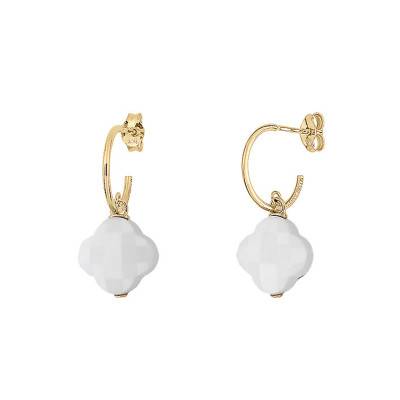Boucles d'Oreilles Agate Blanche Petit Trèfle, Or Jaune - Morganne Bello