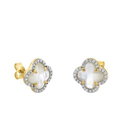 Yellow 750 Gold, Diamond & White Mother-of-Pearl Clover Stud Earrings - Morganne Bello