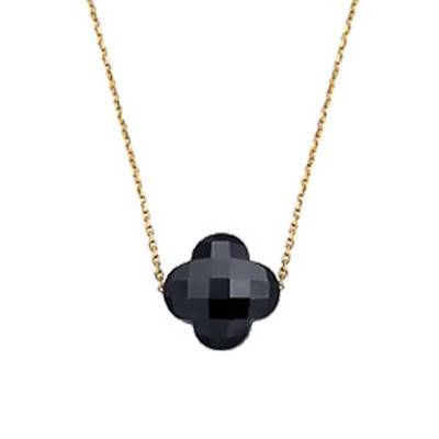 750 Yellow Gold & Clover Onyx Necklace, Adjustable Length 42 cm - Morganne Bello