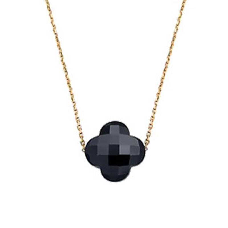 750 Yellow Gold & Clover Onyx Necklace, Adjustable Length 42 cm - Morganne Bello