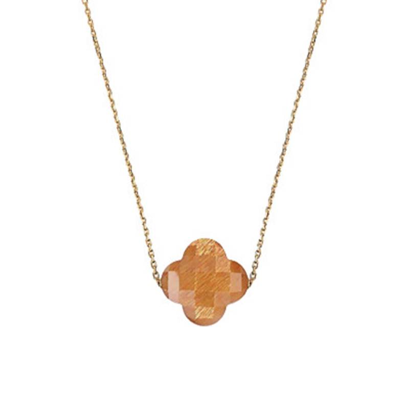 Yellow 750/1000 Gold & Golden Sunstone Clover Necklace, Adjustable Length 42 cm - Morganne Bello