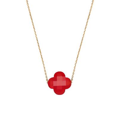 Yellow 750/1000 Gold & Red Quartz Clover Necklace, Adjustable Length 42 cm - Morganne Bello