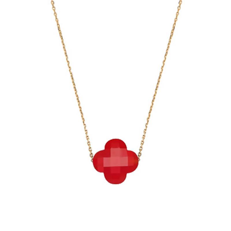 Yellow 750/1000 Gold & Red Quartz Clover Necklace, Adjustable Length 42 cm - Morganne Bello