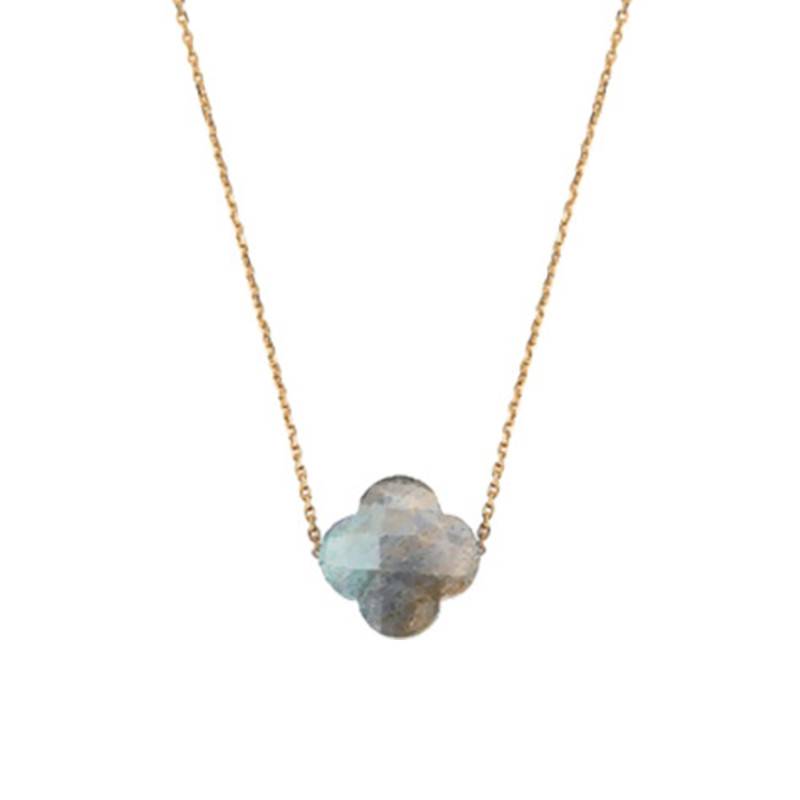 18K Yellow Gold & Labradorite Clover Necklace, Adjustable Length 42 cm - Morganne Bello