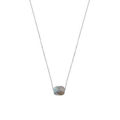 Collier Or Blanc Coussin Labradorite, Longueur 42 cm ajustable - Morganne Bello