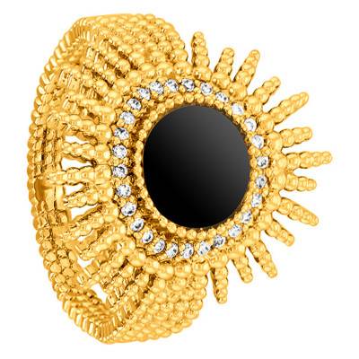 Bague Plaqué Or Perlée Oxydes & Agate Noire - Naïades
