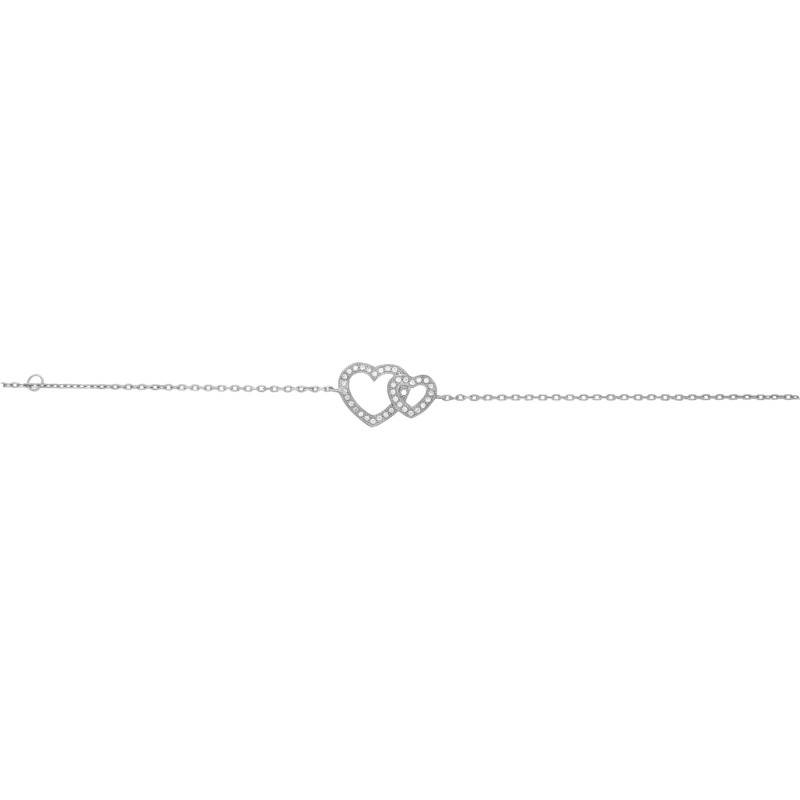925 Silver & Cubic Zirconia Intertwined Hearts Bracelet, Length 18 cm - Naïades