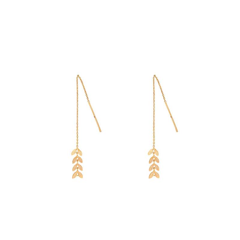 Yellow Gold-Plated Laurel Leaf Chain Drop Earrings - Naïades