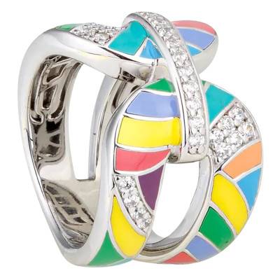 Capri 925 Silver, White Cubic Zirconia & Multicolor Enamel Ring - Una Storia