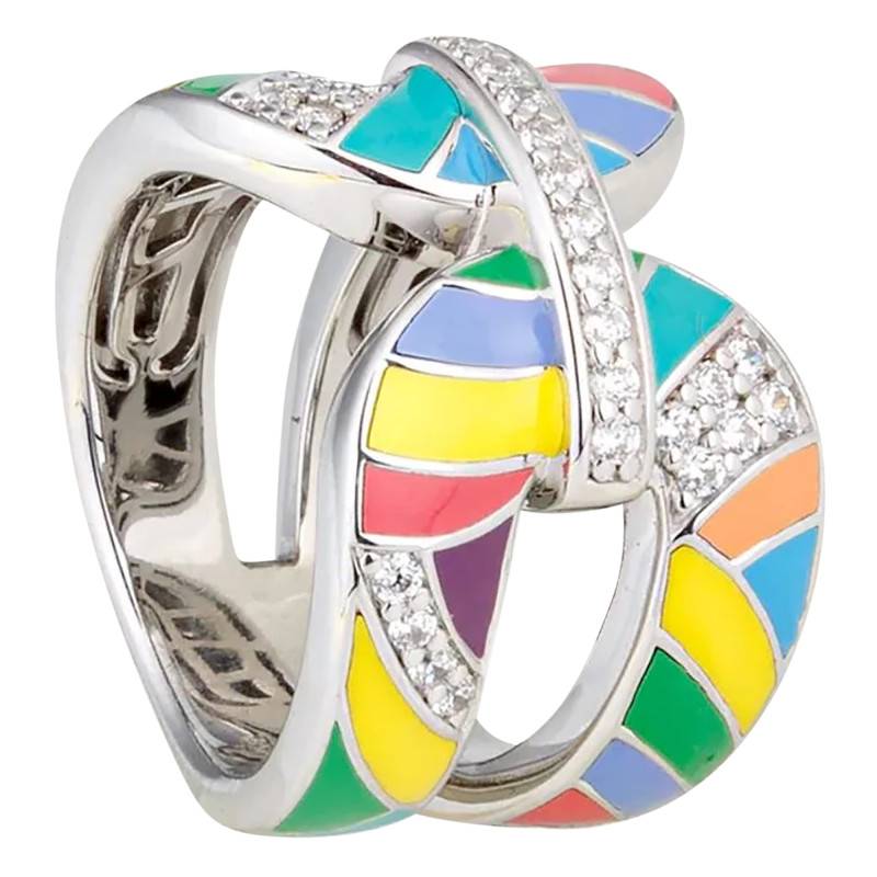 Capri 925 Silver, White Cubic Zirconia & Multicolor Enamel Ring - Una Storia