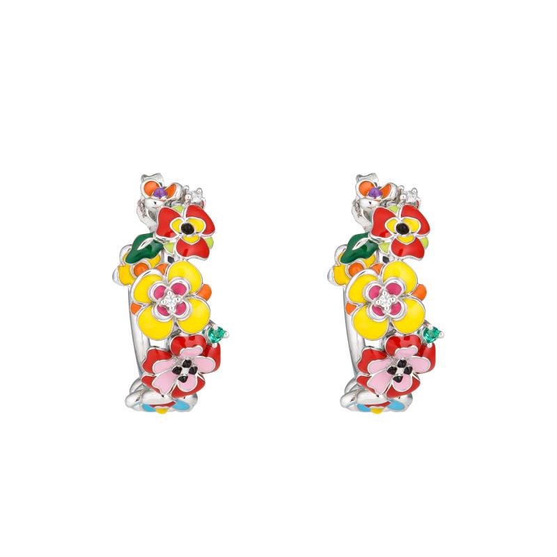 925 Silver, Multicolor Enamel & Zirconium Oxide Madeira Hoop Earrings 30 mm - Una Storia