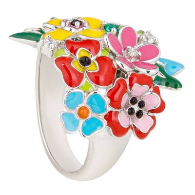Madeira 925 Silver, Multicolor Enamel & Zirconium Oxide Ring - Una Storia
