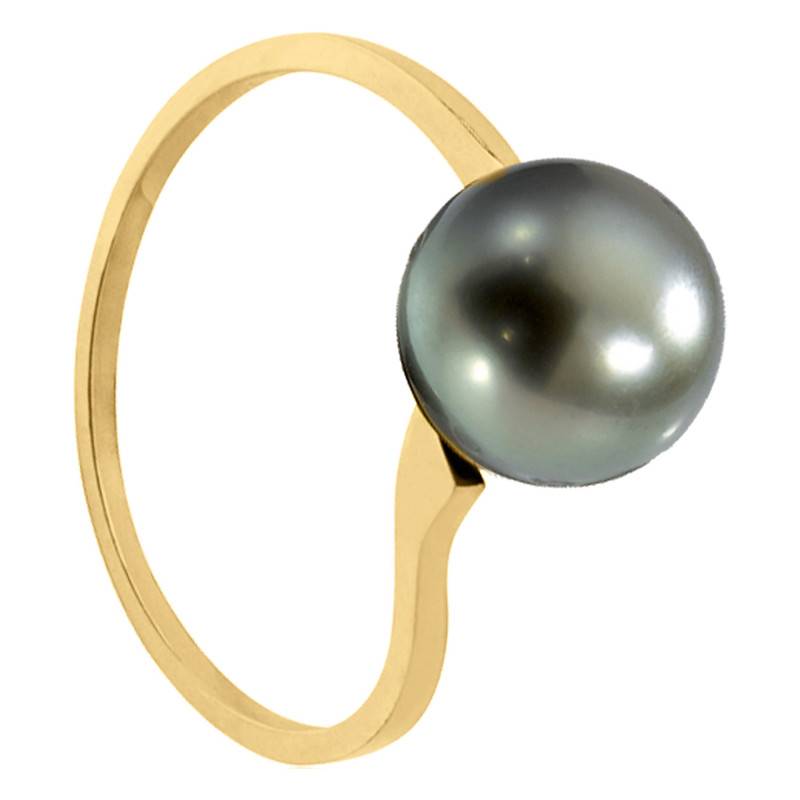750/1000 Yellow Gold Round Green Tahitian Pearl Ring - Négoce-îles