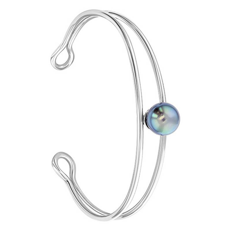Rigid Silver & Tahitian Pearl Bracelet 9/10 mm, Length 17 cm, Width 2 cm - Négoce-îles