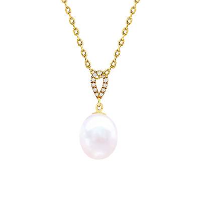 750/1000 Yellow Gold, Diamond 0.03 ct & Oval Freshwater Pearl Necklace, 45 cm - Négoce-îles