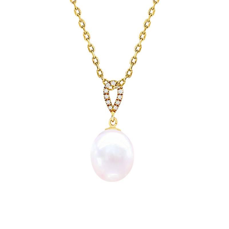 750/1000 Yellow Gold, Diamond 0.03 ct & Oval Freshwater Pearl Necklace, 45 cm - Négoce-îles