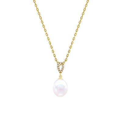 750/1000 Yellow Gold, Diamond 0.03 ct & Oval Freshwater Pearl Necklace, 45 cm - Négoce-îles