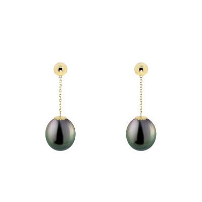 Boucles d'oreilles Perles de Tahiti 8/9 mm et Chaîne en Or Jaune 750 - Négoce-îles