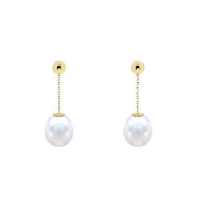 750/1000 Yellow Gold & Freshwater Pearl 9/10 mm Drop Earrings - Négoce-îles