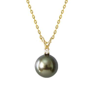 750/1000 Yellow Gold, Diamond 0.03 ct & Round Tahitian Pearl Necklace, 45 cm - Négoce-îles
