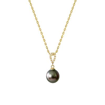 18K Yellow Gold, Diamond & Round Tahitian Pearl Necklace, Length 45 cm - Négoce-îles