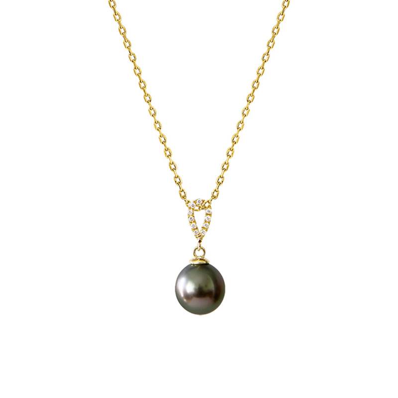 18K Yellow Gold, Diamond & Round Tahitian Pearl Necklace, Length 45 cm - Négoce-îles