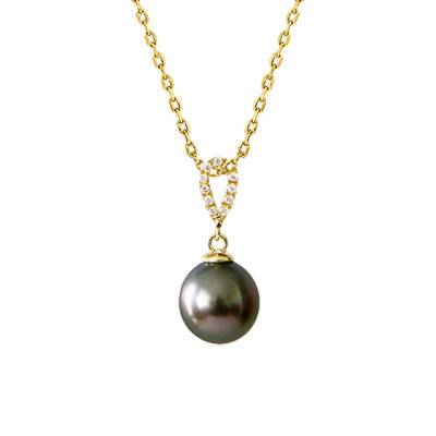 18K Yellow Gold, Diamond & Round Tahitian Pearl Necklace, Length 45 cm - Négoce-îles