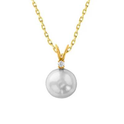 18K Yellow Gold, Diamond & Round Cultured Pearl Necklace, Length 45 cm - Négoce-îles