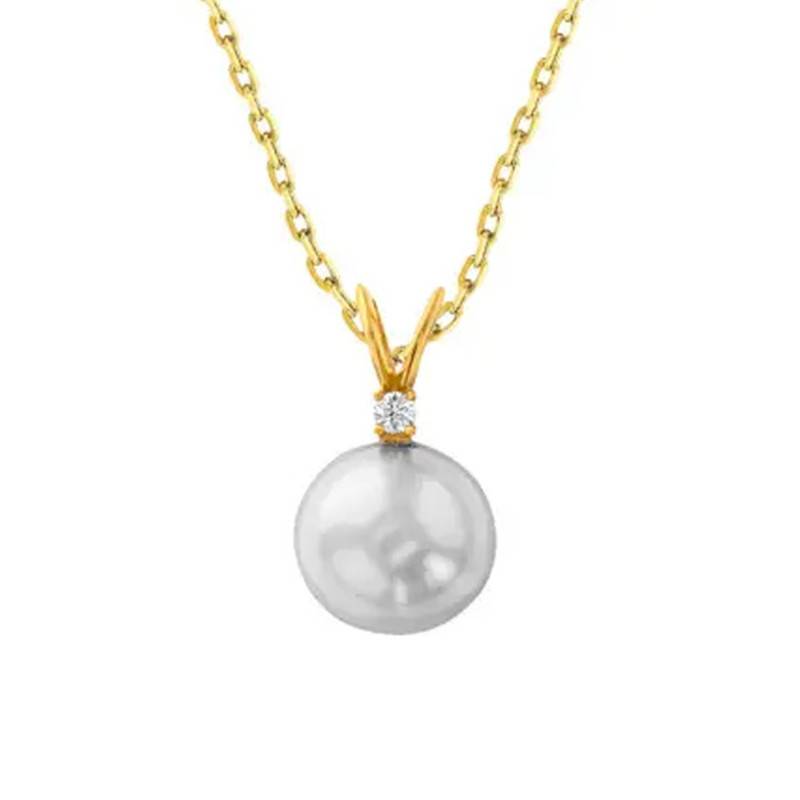 18K Yellow Gold, Diamond & Round Cultured Pearl Necklace, Length 45 cm - Négoce-îles