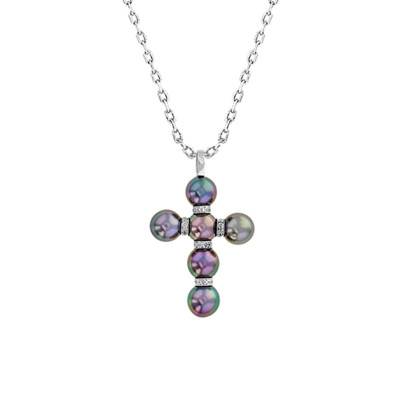 Collier Croix Perles De Tahiti & Diamants 0,25 ct en Or Blanc 750, Longueur 45 cm - Négoce-îles