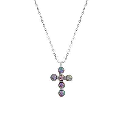 Collier Croix Perles De Tahiti & Diamants 0,25 ct en Or Blanc 750, Longueur 45 cm - Négoce-îles