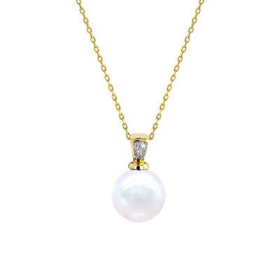Collier Perle d'Eau Douce Ronde 9/10 mm en Or Jaune 750 & Diamant, Longueur 45 cm - Négoce-îles