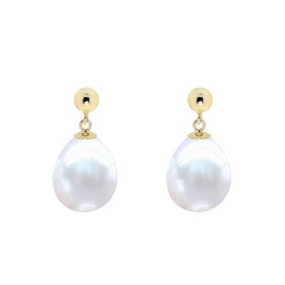 750 Yellow Gold & Pear Freshwater Pearl Drop Earrings, 8/9 mm - Négoce-îles