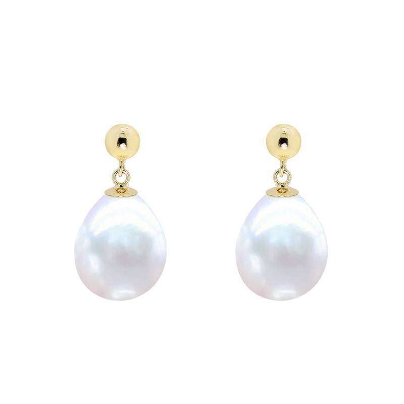 750 Yellow Gold & Pear Freshwater Pearl Drop Earrings, 8/9 mm - Négoce-îles